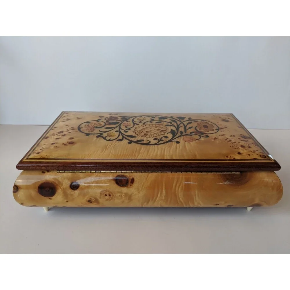 Vtg Reuge Musiceerk Inlaid Wood Music Jewelry Trinket Box 6.5x10 Made In Italy